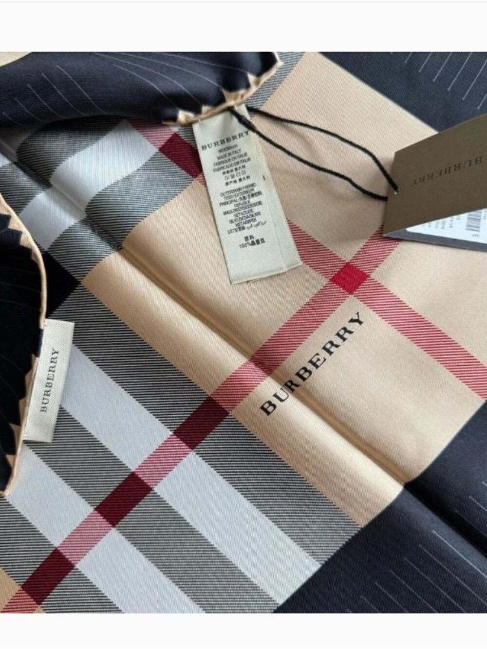 NWT Burberry Scarf Iconic Beige Check Black Border Logo Silk Wrap - Picture 8 of 10